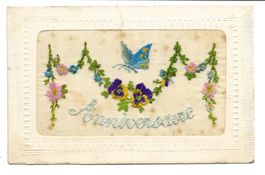 Seidenkarte - gestickt - Anniversaire - Schmetterling - 1906