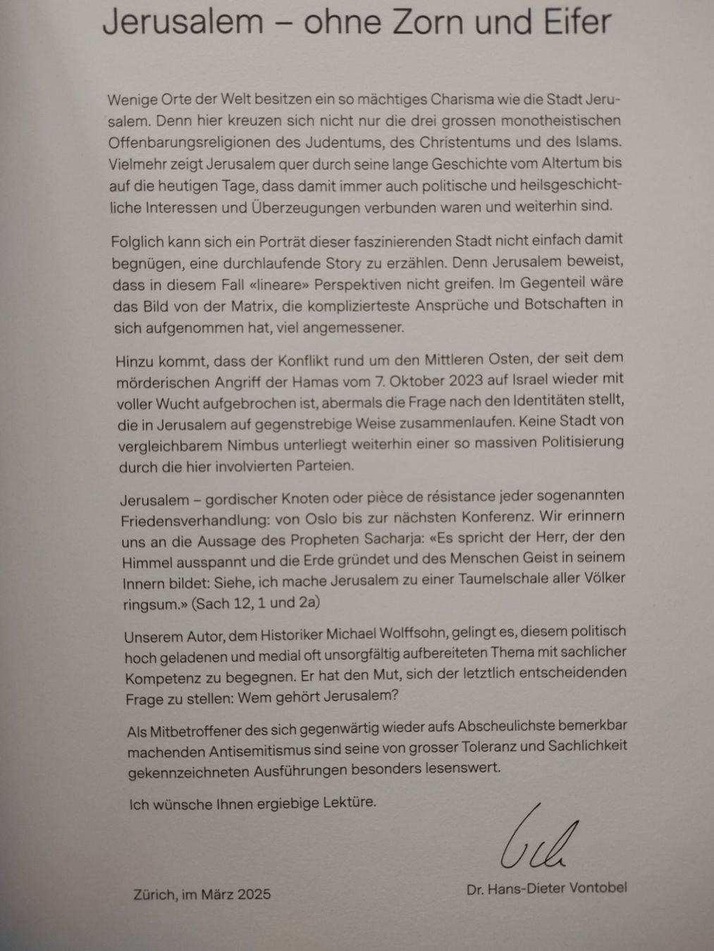 Libri: Jerusalem - Ohne Zorn und Eifer - Vontobel Stiftung – Nuovo (secondo la descrizione) da Jona venduto da Argus36 1