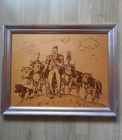 Tableau bois gravé scène montagne, cadre inclus!