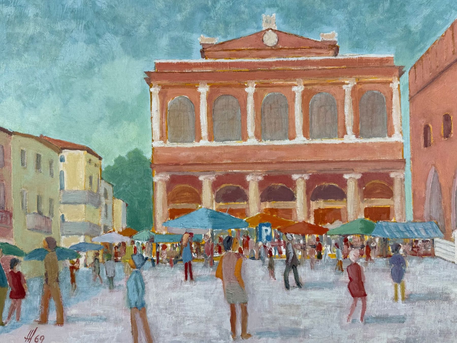 Dipinti: Hermann Schweiss, "Dorfplatz Rimini", monogrammiert. – Usato da Degersheim venduto da schweizerkunsthandel