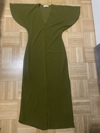 Maxikleid olivgrün mit Schlitz V-Ausschnitt Neu Gr. S