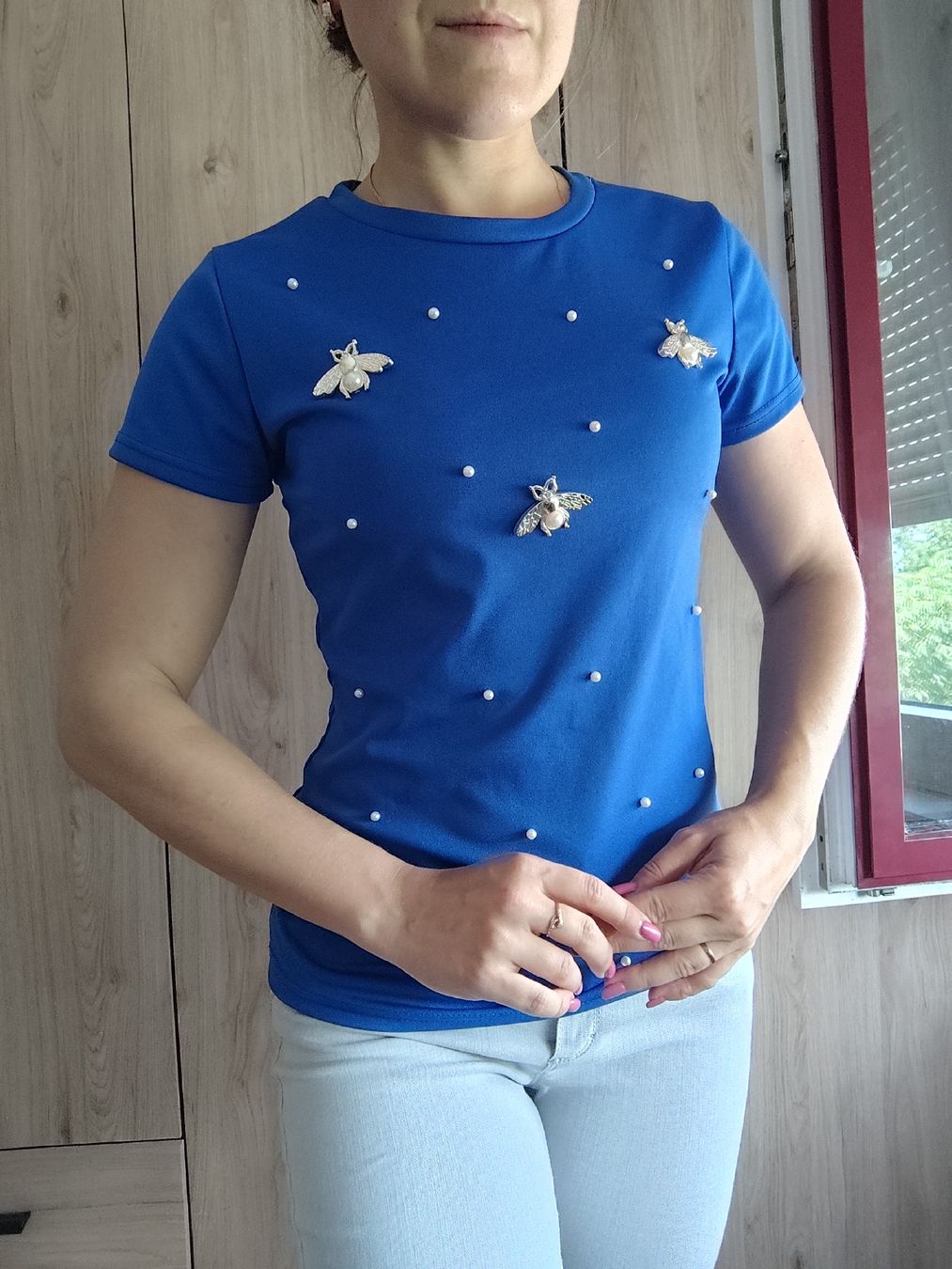 Camicette: T-Shirt Blue Size S Bee Pearl Appliqué Polyester – Usato da Mägenwil venduto da VintageGirly 1