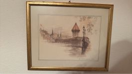 Luzern Aquarell Zeichnung mit Rahmen