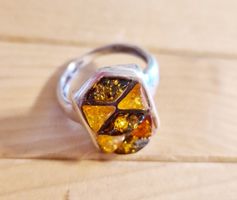 Vintage Silberring mit Bernstein Mosaik, Grösse 17.5 mm