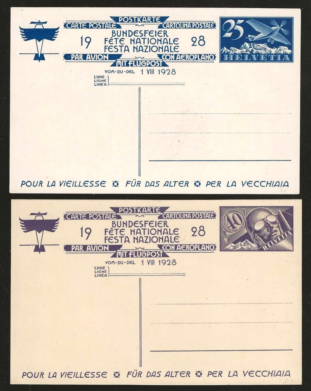 Tous les timbres: 1928 : 2 ungebrauchte Bundesfeierkarten - mit Flugpost – D'occasion à Gümligen par Geniusbuy
