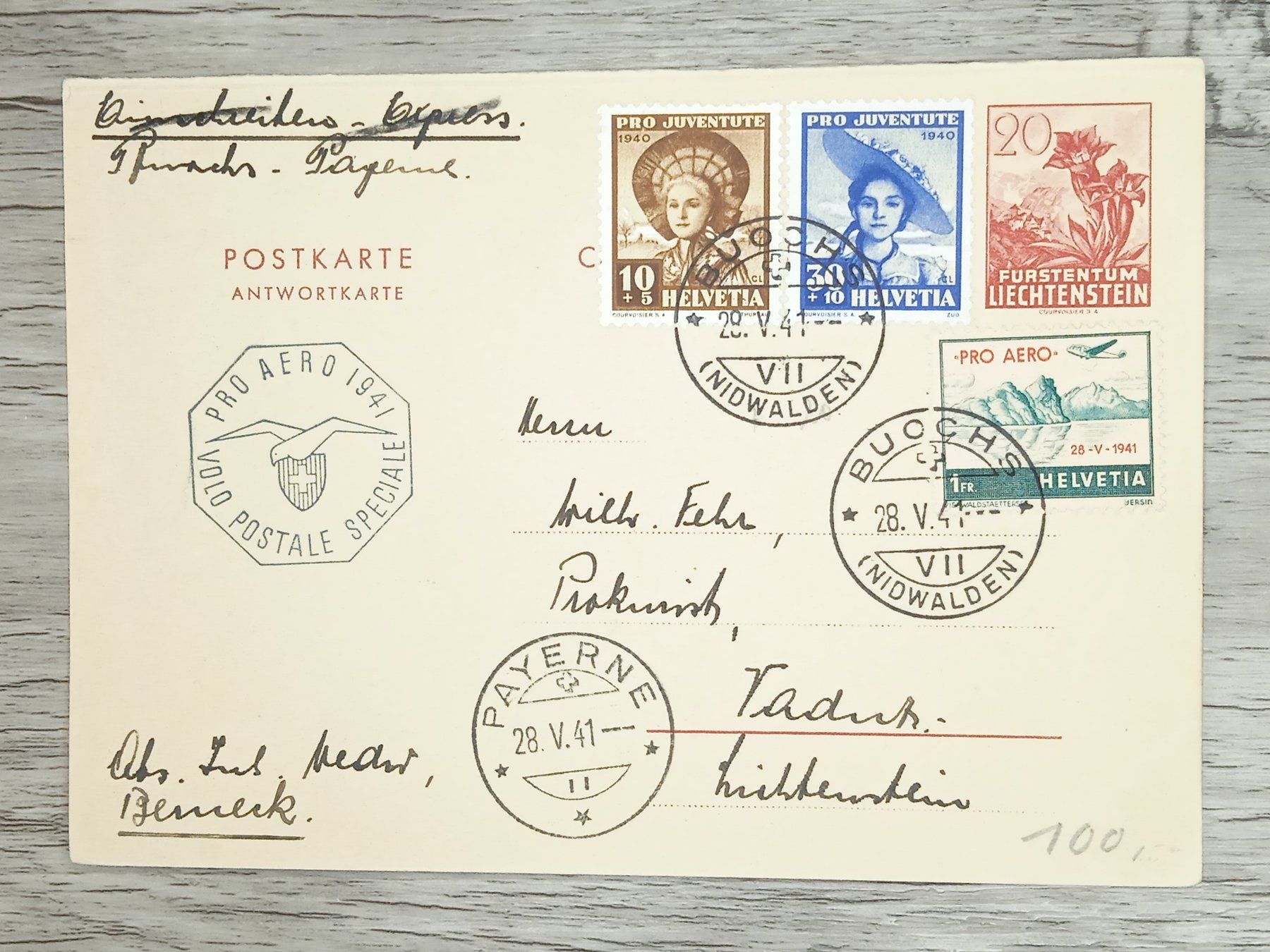 Tutti i francobolli: TR20 Carte Postale + Timbre Suisse 1941 – Usato da Cousset venduto da Patrick_Collections