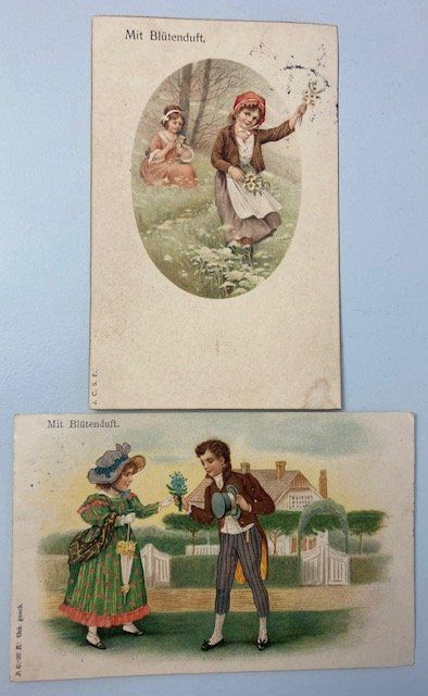 Cartoline postali: Antike Postkarten, 1914, mit Blumenduft, Paar + Kinder – Usato da Luzern venduto da Kartenansicht