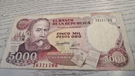 5000 Pesos Oro Banknote Colombia gute Erhaltung 1992