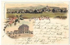 Uster farbige Lithografie neue Bank Postgebäude
