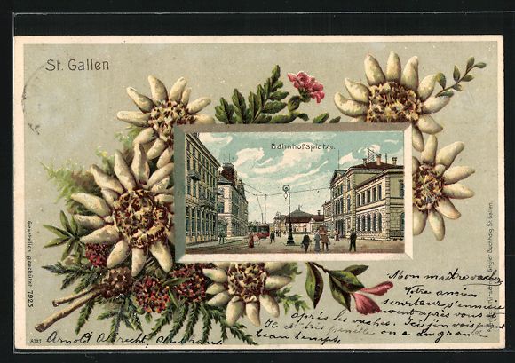 Cartoline postali: Präge-Lithographie St. Gallen, Bahnhofs – Usato da Berlin venduto da bartko-reher