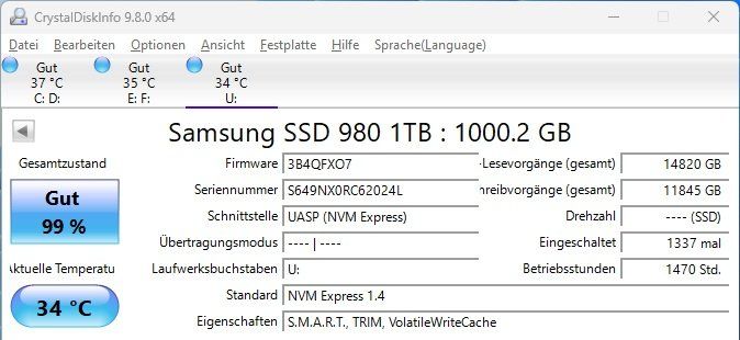 Samsung Harddisks: Samsung SSD 980 1TB NVMe M.2 2280 – Gebraucht aus Lyss von Patri32 2