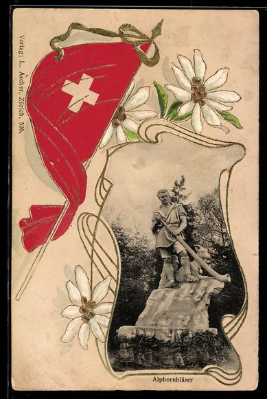 Cartoline postali: Schweiz, Alphornbläser neben einer Zieg – Usato da Berlin venduto da bartko-reher