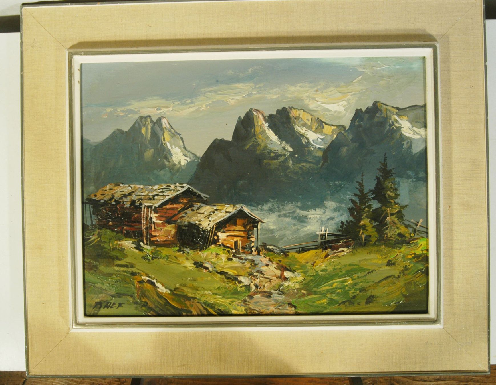 Gemälde: Alphütte mit Bergen Oel auf Karton sign. Ralf – Gebraucht aus Herisau von Wisen