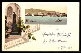 Passepartout-AK Zürich, Seepanorama mit Schiffen und Denkmal