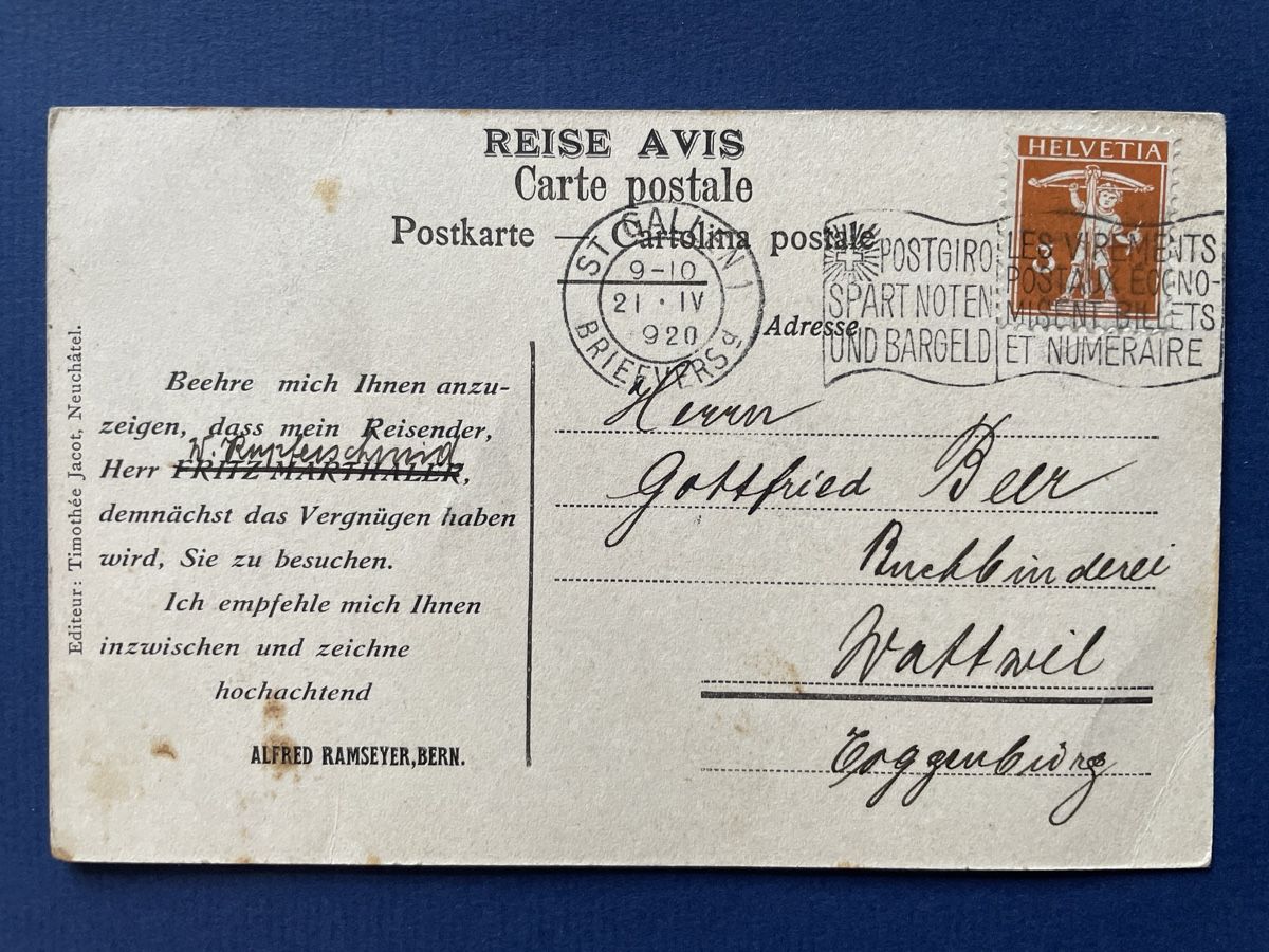 Cartoline postali: Alte Ansichtskarte "Schweizerhaus" - Reise Avis 1920 Ramseye – Usato da Neuhausen am Rheinfall venduto da Arielle55 1