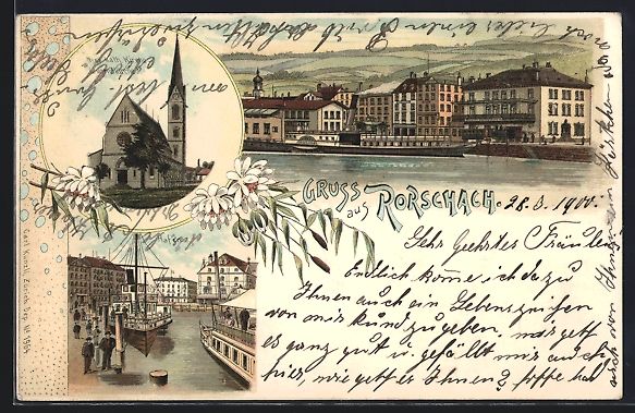 Cartoline postali: Litho Rorschach, Neue kath. Kirche, Hafe – Usato da Berlin venduto da bartko-reher