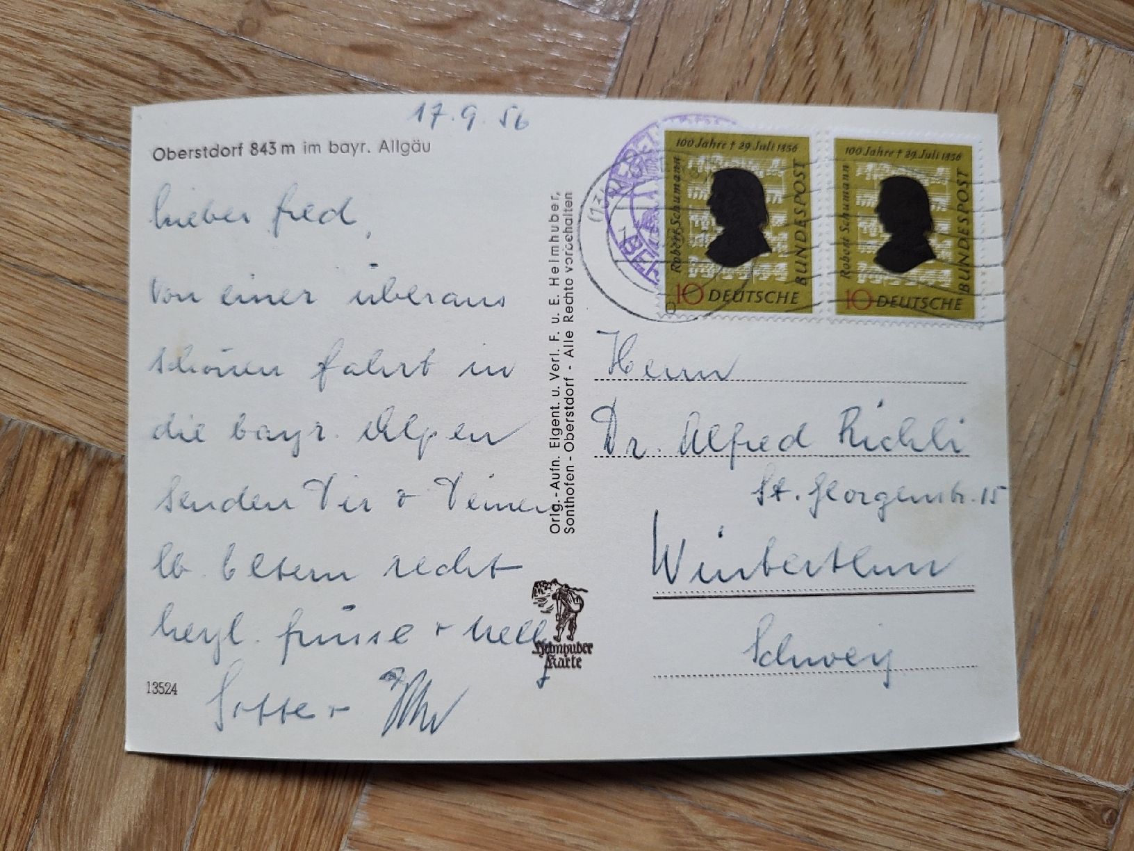 Tous les timbres: 1956, Postkarte nach Winterthur von Oberstdorf – D'occasion à stäfa par brandy66