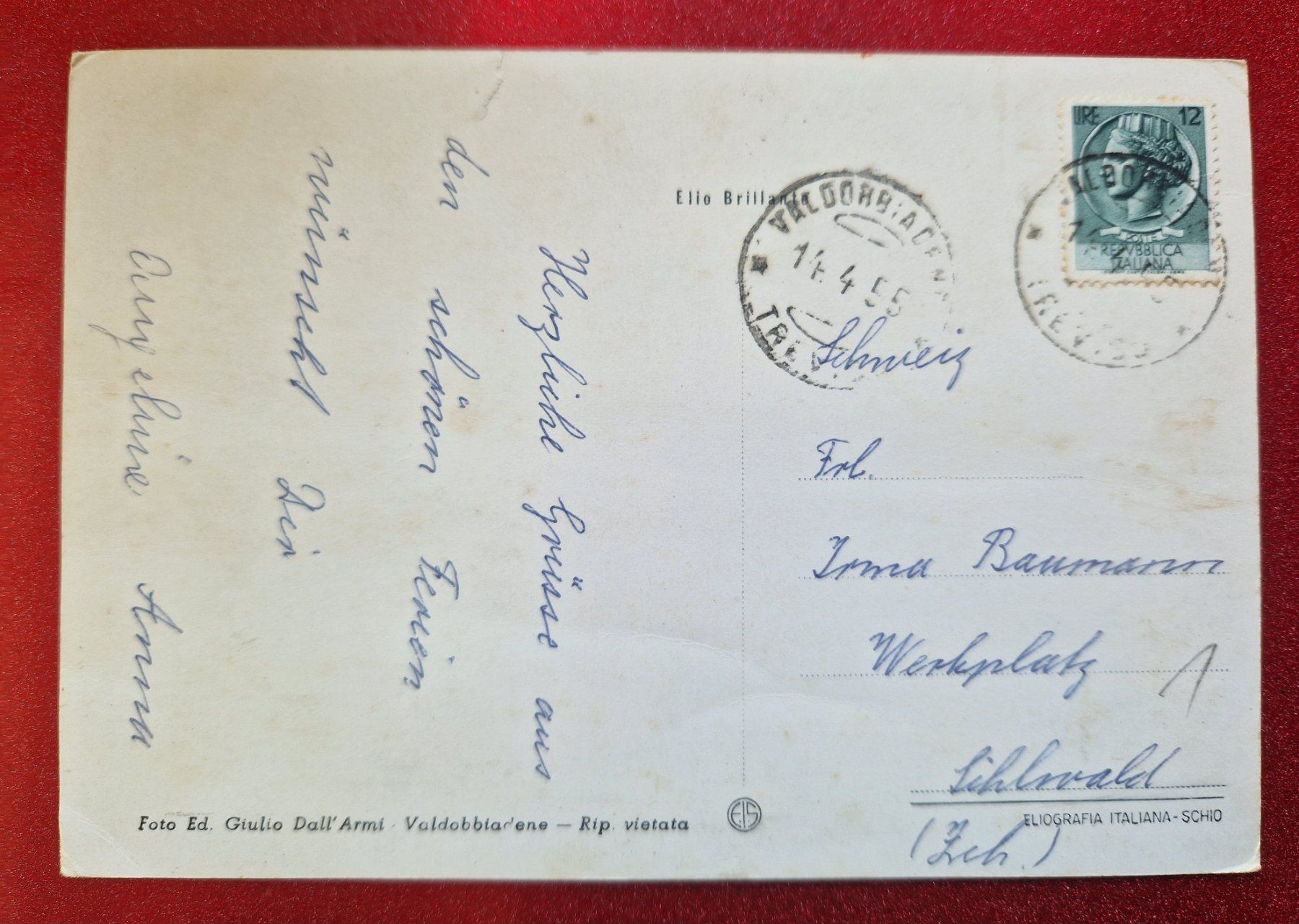 Cartoline postali: Valdobbiadene Piazza Marconi 1955 – Usato da Melchnau venduto da Fishel 1