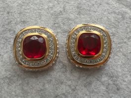 Grosse Vintage Ohrclips Rot Steinen, vergold...