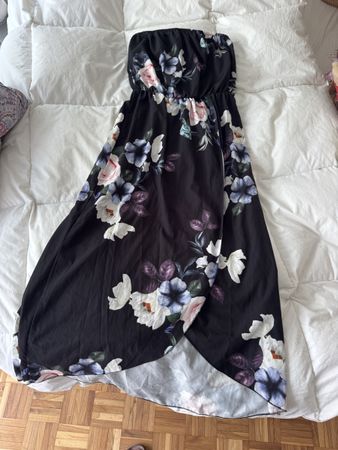 Robe longue été femme, bustier fleuri noir, taille unique.