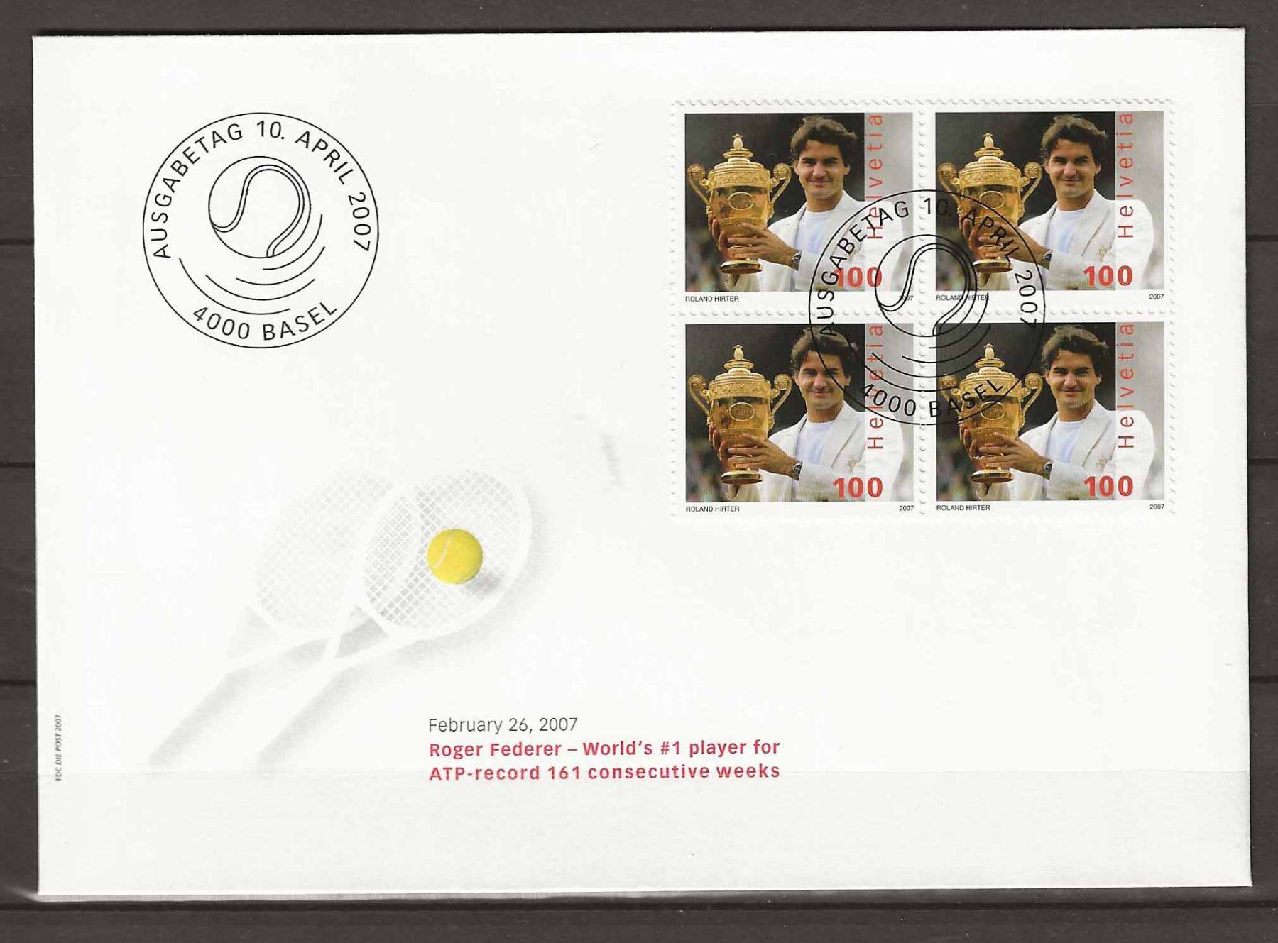 Alle Briefmarken: F1229 - FDC Roger Federer bloc de quatre – Gebraucht aus Trélex von Phil_Albert