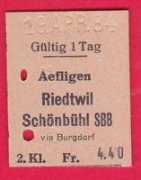 KARTON BILLETT, AEFLIGEN - SCHÖNBÜHL SBB, 2.KLASSE, EINFACH