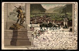 Lithographie Altdorf, Wilhelm Tell-Statue und Ortsansicht