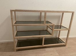 Regal Holz Bambus dunkelgraues Glas