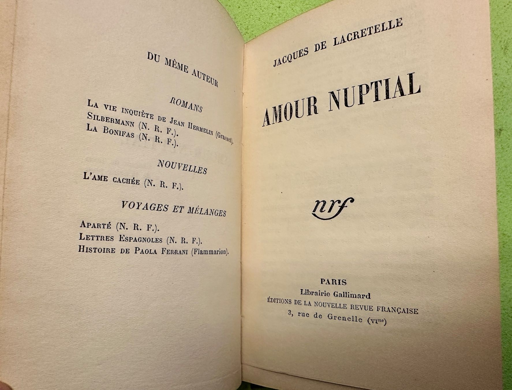 Libri: Jacques de Lacretelle: Amour nuptial. – Usato da Zürich venduto da allp 3