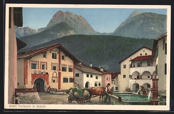 Cartoline postali: AK Schuls, Dorfplatz mit Oxenkarre – Usato da Berlin venduto da bartko-reher