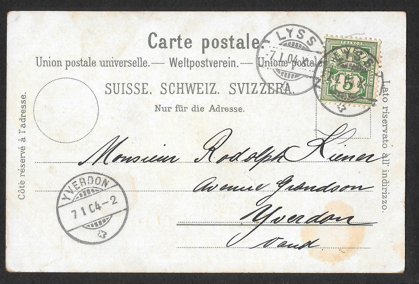 Ansichtskarten: Lyss farbige Lithografie Hotel de la Poste Bahnhof etc. – Gebraucht aus Olten von clotaldi 1