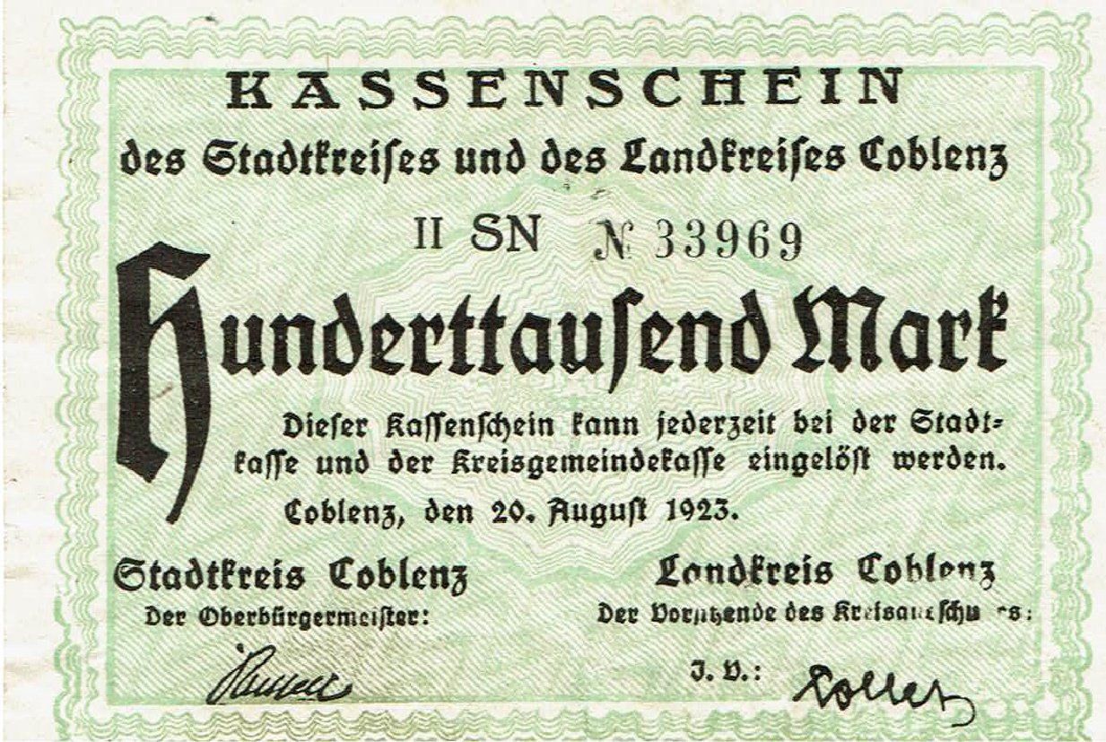 Banknoten: Koblenz 100000 Mark 20.08.1923 VZ++ – Gebraucht aus Steffisburg von ber_8htf