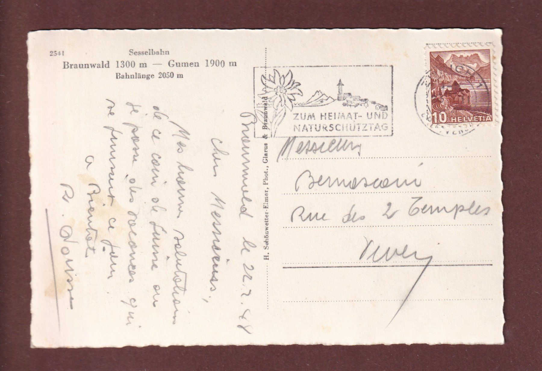 Cartoline postali: Sesselbahn BRAUNWALD-GUMEN - 1948 – Usato da Pully venduto da nicecards 1
