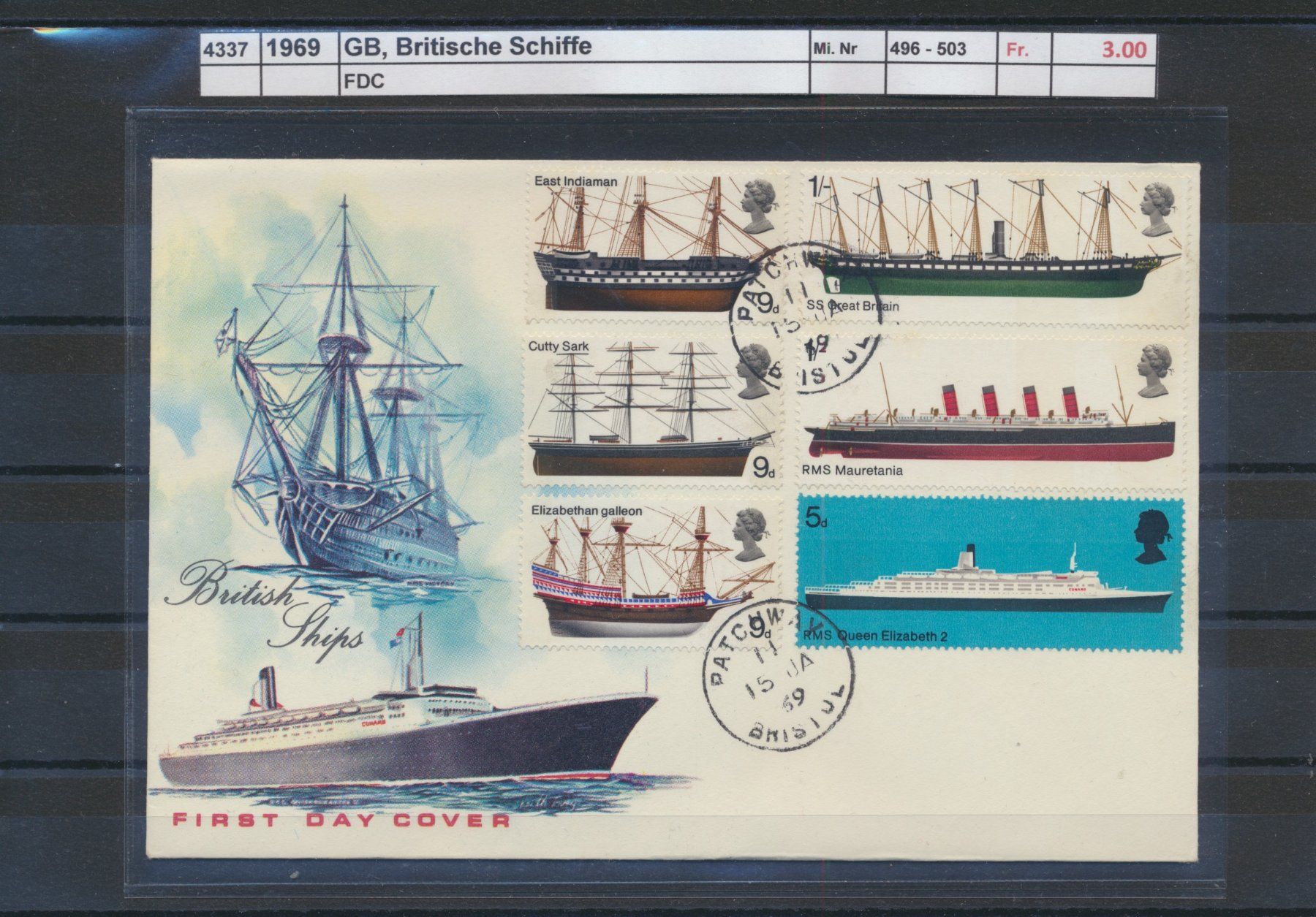 Tutti i francobolli: 1969 GB, "Britische Schiffe", FDC – Usato da Winterthur venduto da Zupogeru