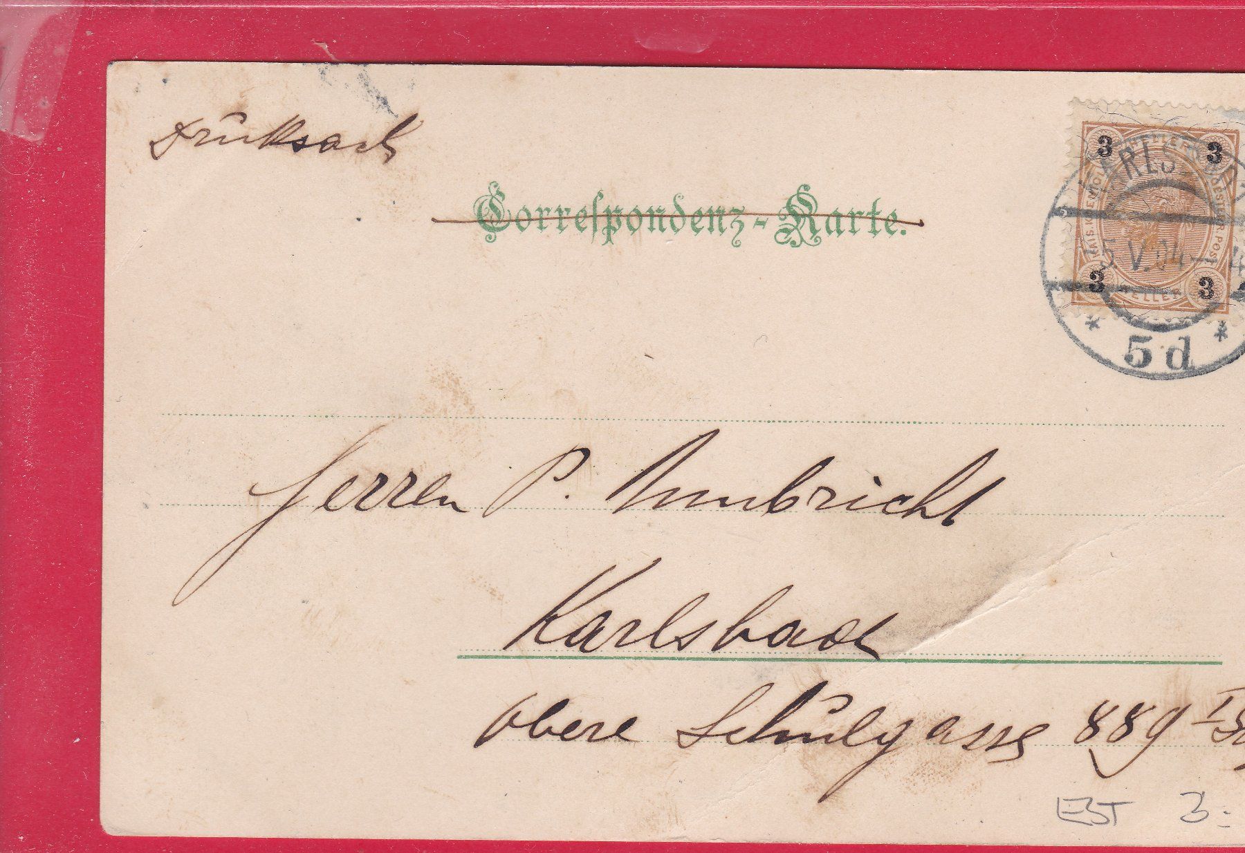Cartoline postali: KARLSBAD, WESTEND, 5.5.1904 – Usato da Oberrieden venduto da Gebirgsstelze 1