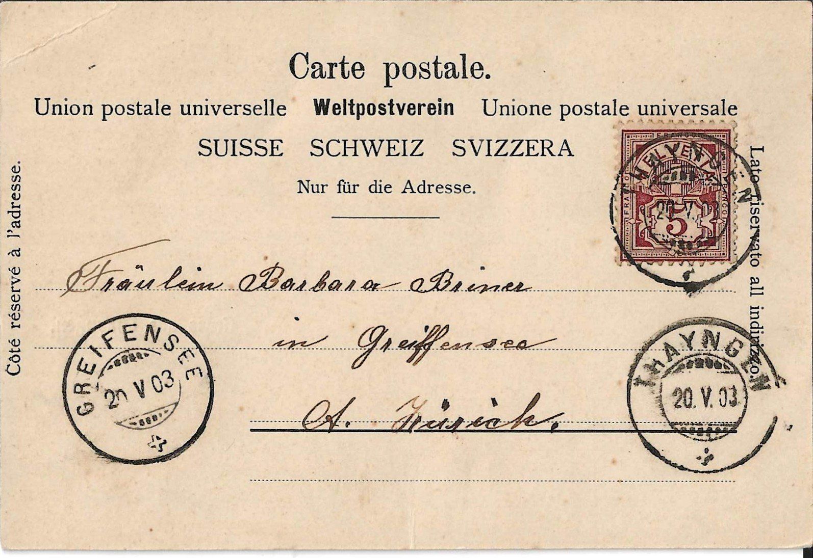 Cartoline postali: Karte Thayngen 1903 – Usato da Zürich venduto da Philacat11 1