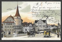 Luzern Seebrücke mit Kutsche und Strassenbahn / Tram