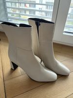 Stylish White Leather Boots, Block Heel,Manfield