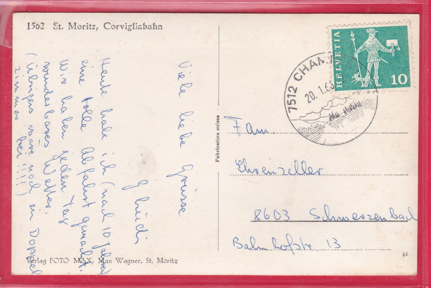 Ansichtskarten: CORVIGLIA-DRAHTSEILBAHN (ST.MORITZ), 20.1.1966 – Gebraucht aus Oberrieden von Gebirgsstelze 1