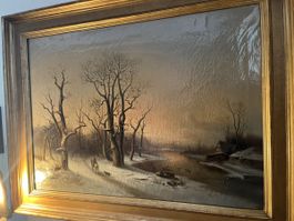 antikes ölgemälde, winter, landschaft, personen 1869