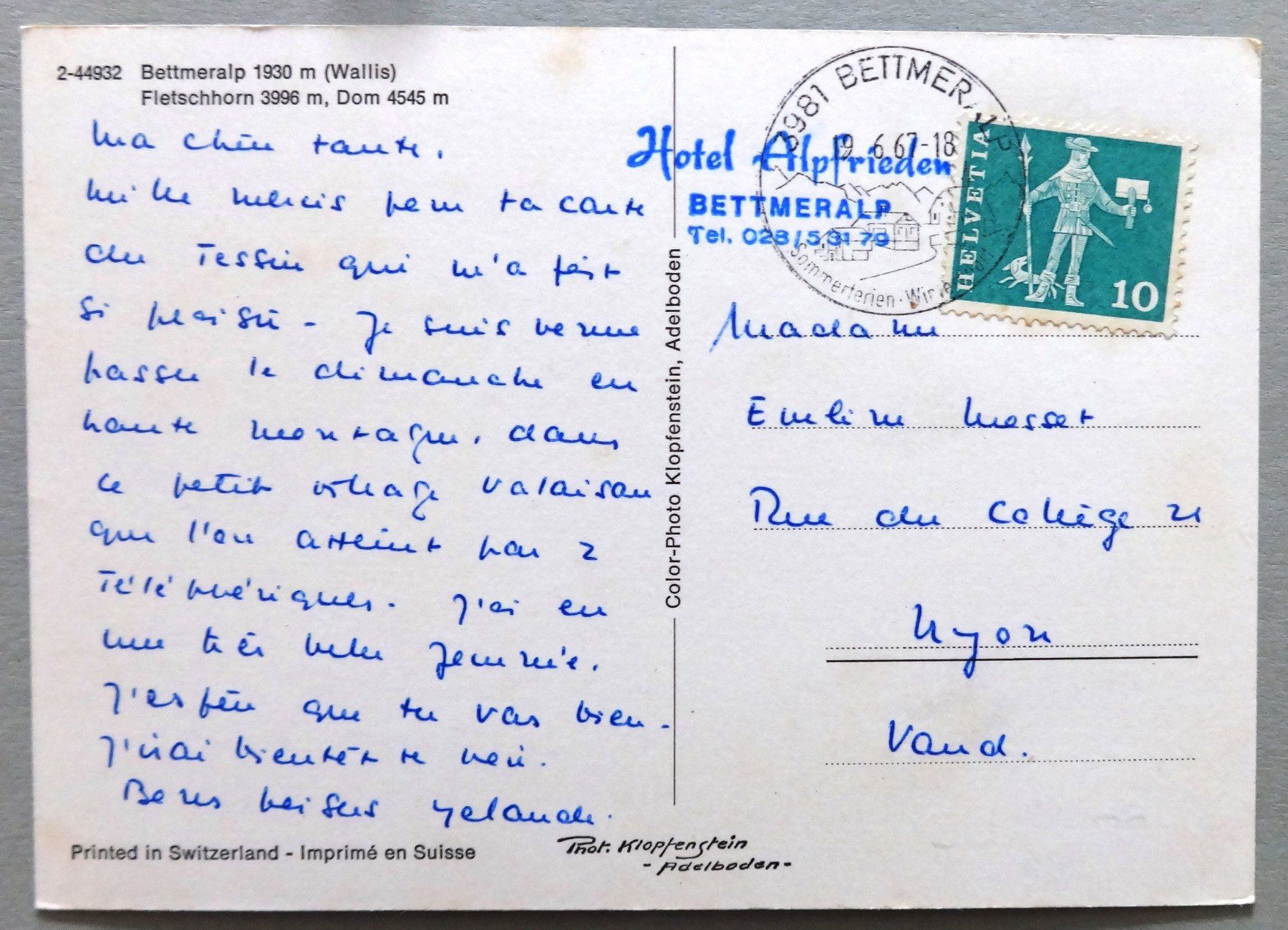 Ansichtskarten: Bettmeralp 1930 m – Gebraucht aus Fétigny von Billy2miny 1