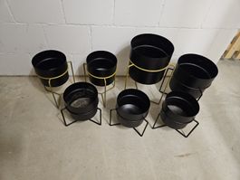 7er Set Übertöpfe mit Ständer, Metall, schwarz, In/Outdoor