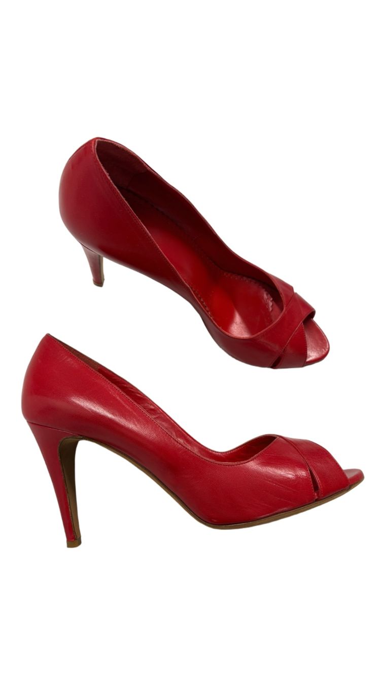 Navyboot Damenschuhe: Navyboot Rote High Heels Gr. 40 Peeptoe Pumps Leder – Neu (gemäss Beschreibung) aus Regensdorf von secondchancefashion