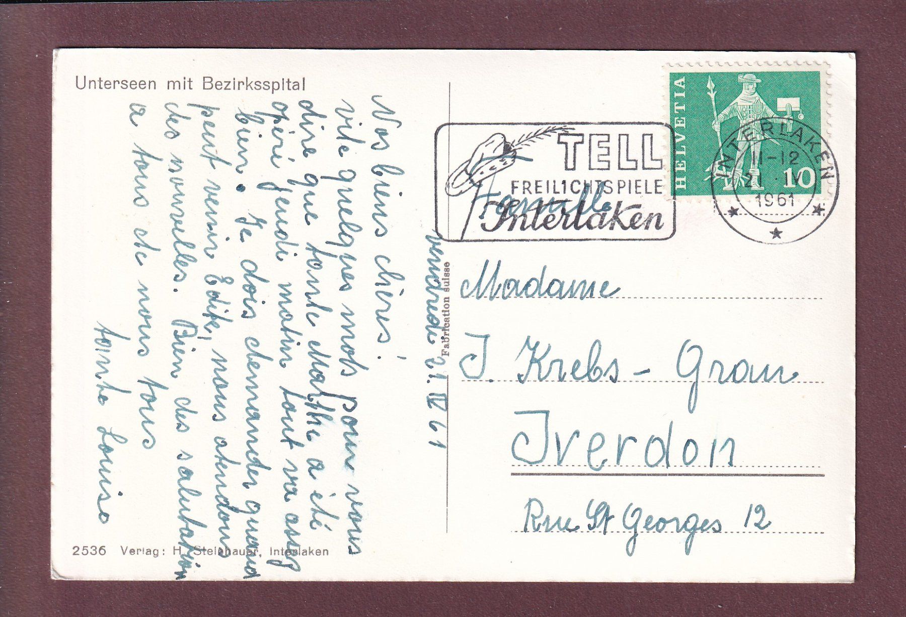 Cartoline postali: UNTERSEEN - Bezirksspital - 1961 – Usato da Pully venduto da nicecards 1