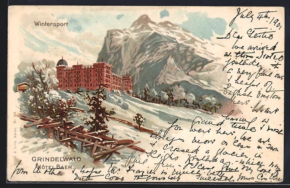 Cartoline postali: Litho Grindelwald, Hotel Baer im Schnee – Usato da Berlin venduto da bartko-reher