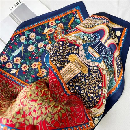 New 68cm 100% Silk Scarf Tree of Life Red Navy Blue