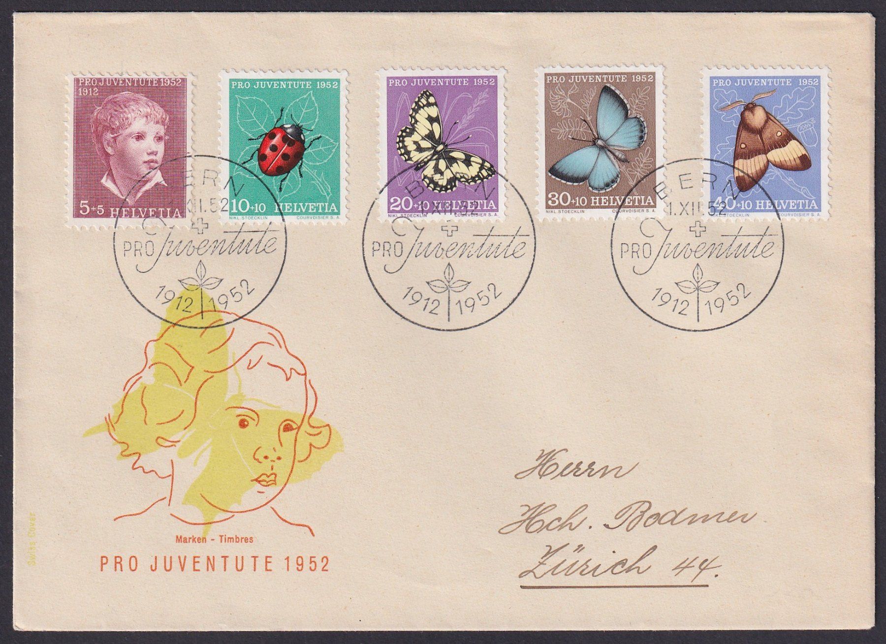 Tutti i francobolli: PJ 1952, FDC J143-147, illustriert, Kat: 200.- – Usato da Ebikon venduto da SilvioFreund