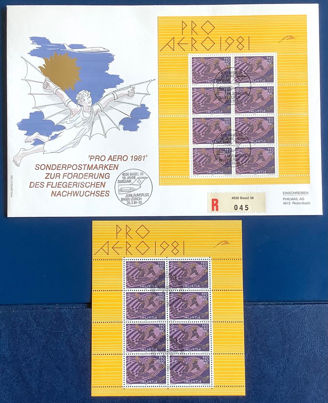 Tous les timbres: 1981 Pro Aero FDC Grossbrief + Kleinbogen ET – Neuf (Voir description) à Liestal par Skunk02