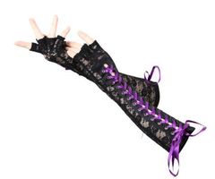 NEUE Handschuhe Spitze schwarz mit lila Bändern - 221935