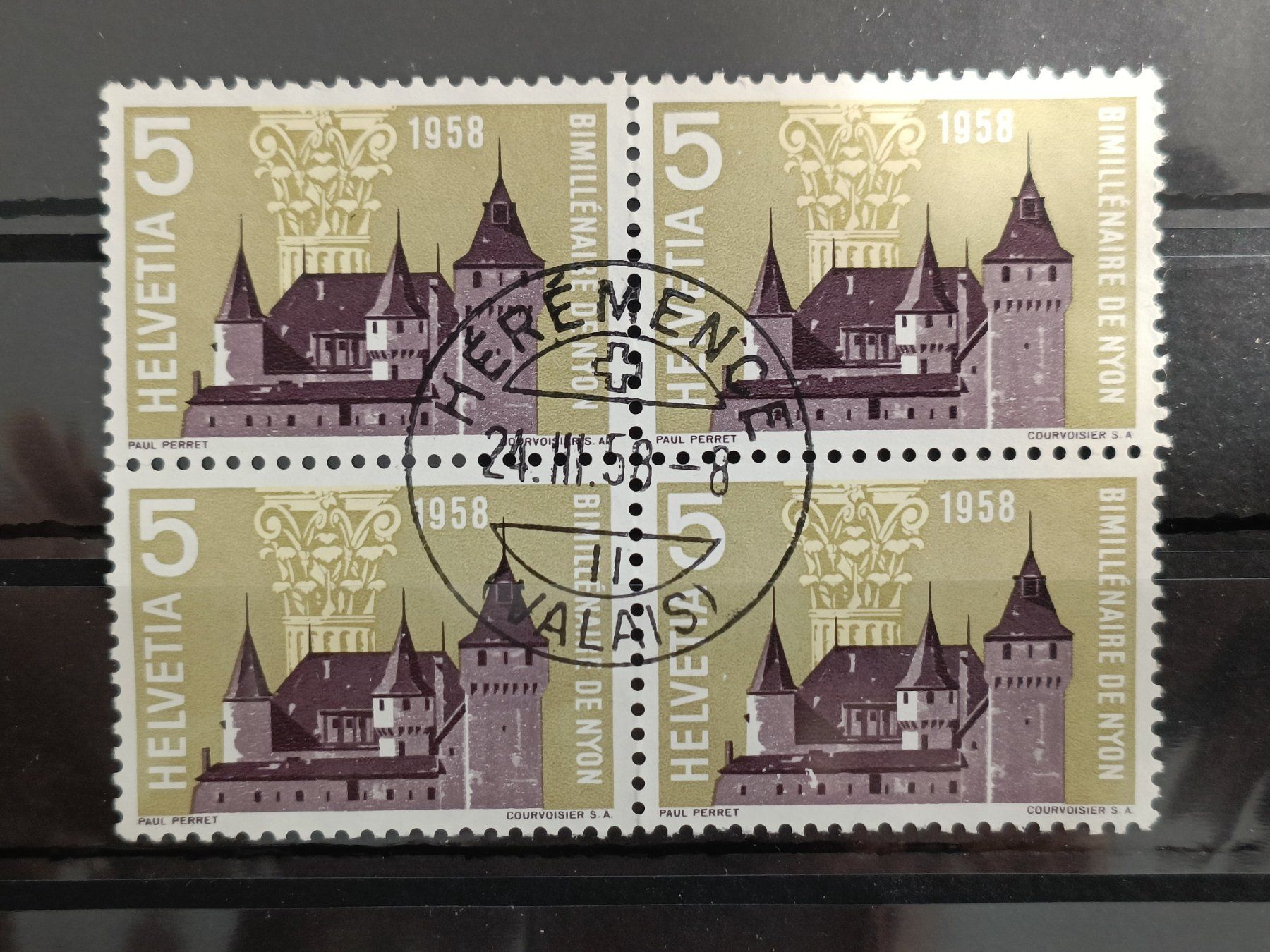 Tutti i francobolli: 1958 Schloss Nyon Viererblock Top Stempel – Usato da Dübendorf venduto da goeggi79